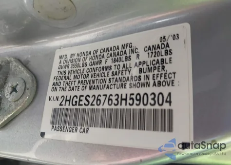 2003 Honda Civic Ex from USA, damaged, VIN 2HGES26763H590304